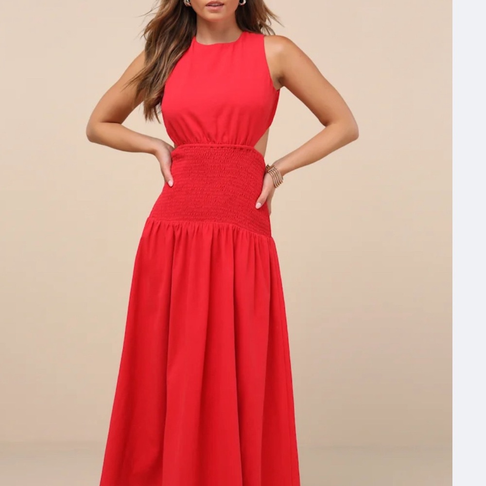 Lulus Melina Red Backless Drop Waist Midi Dress Size S NWT
